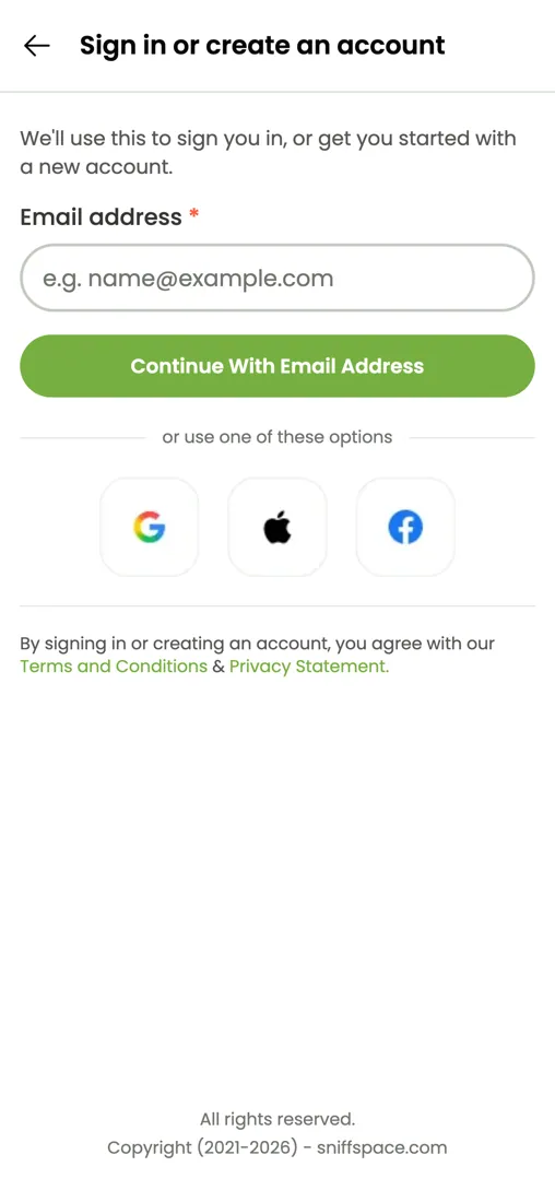 Refreshed Sniffspace sign in page on mobile
