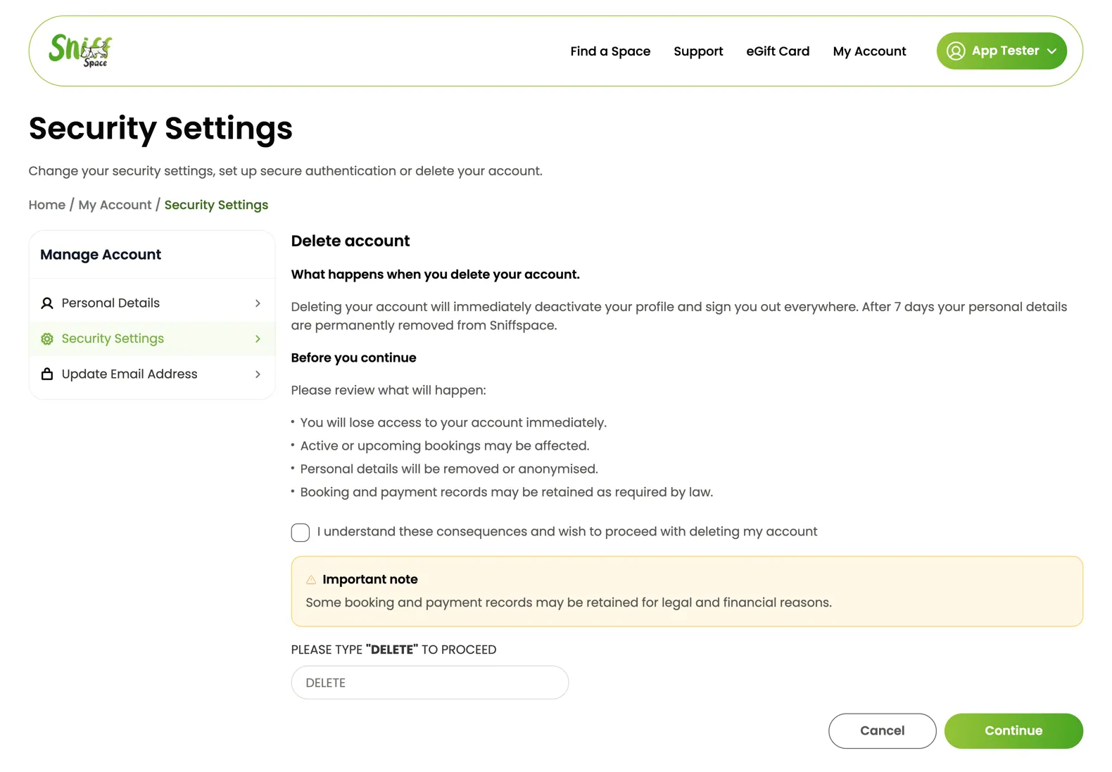 Desktop screenshot of Self-service account deletion