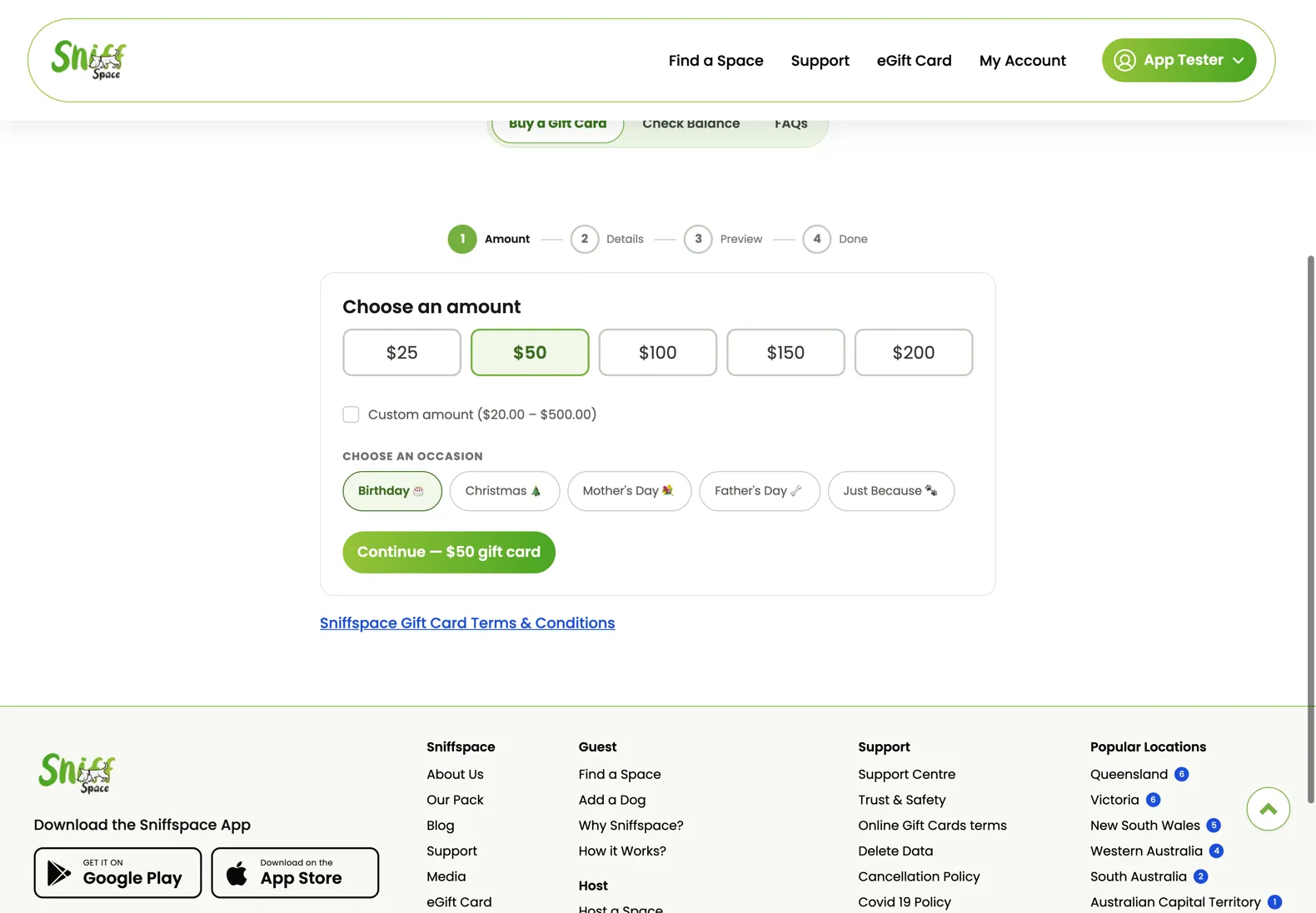Gift card amount selection on desktop