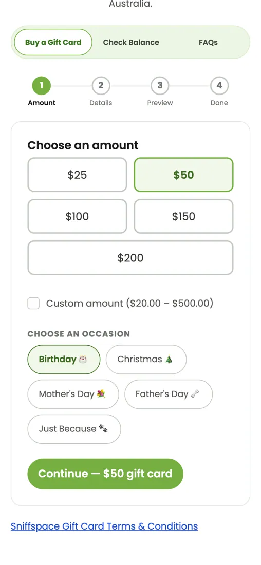 Gift card amount selection on mobile