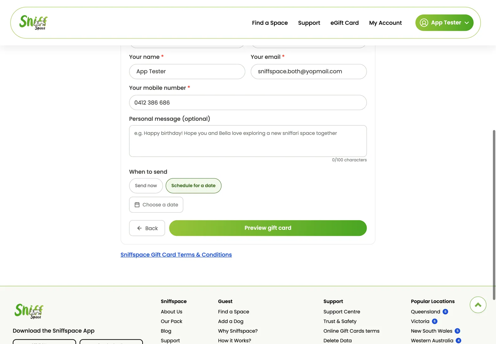 Recipient fields on gift card checkout form