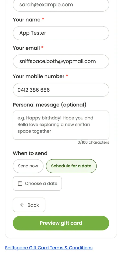 Recipient fields on mobile gift card form