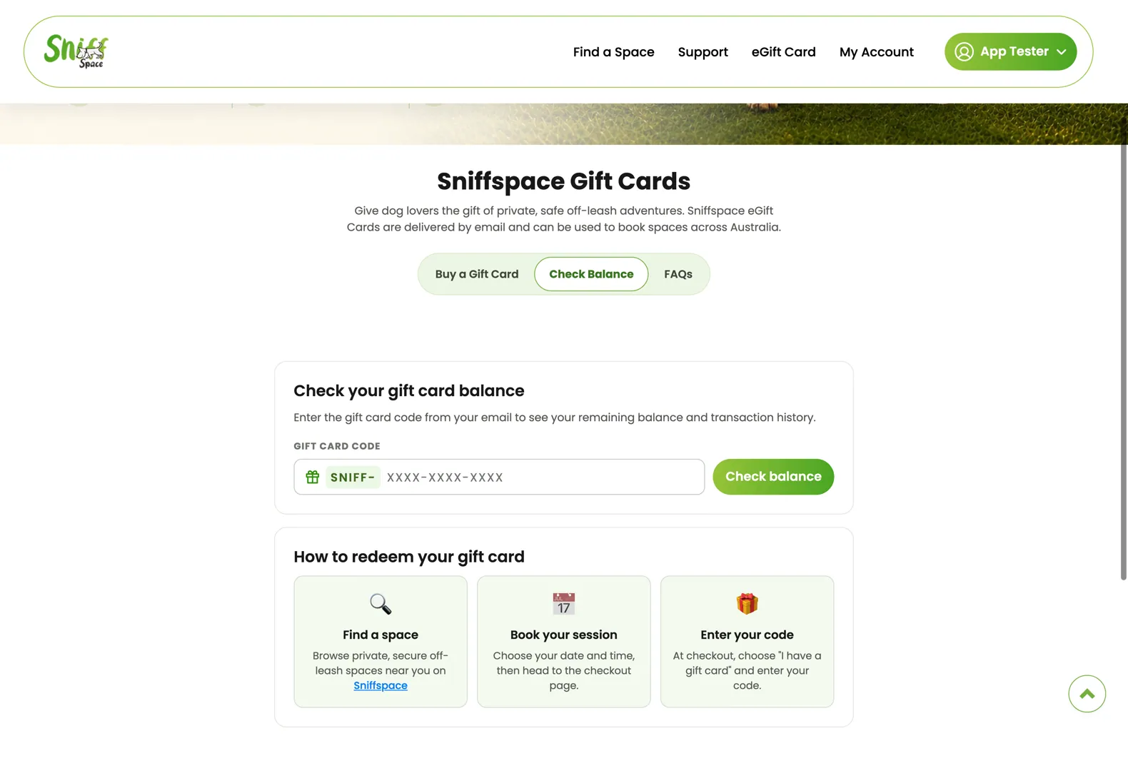 Sniffspace eGift Card page on desktop