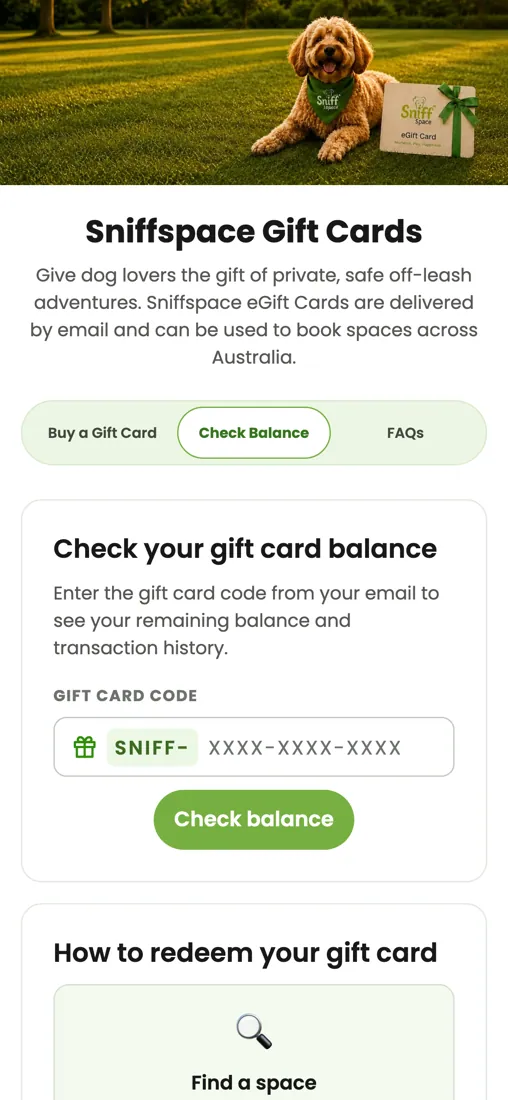 Sniffspace eGift Card page on mobile