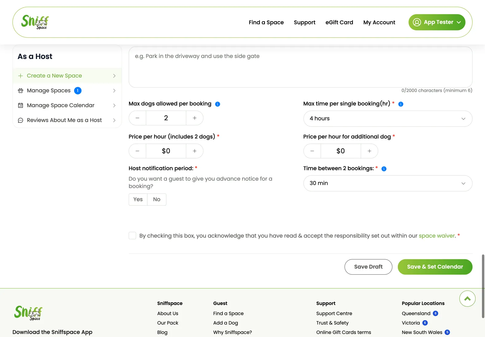 Desktop screenshot of host booking controls