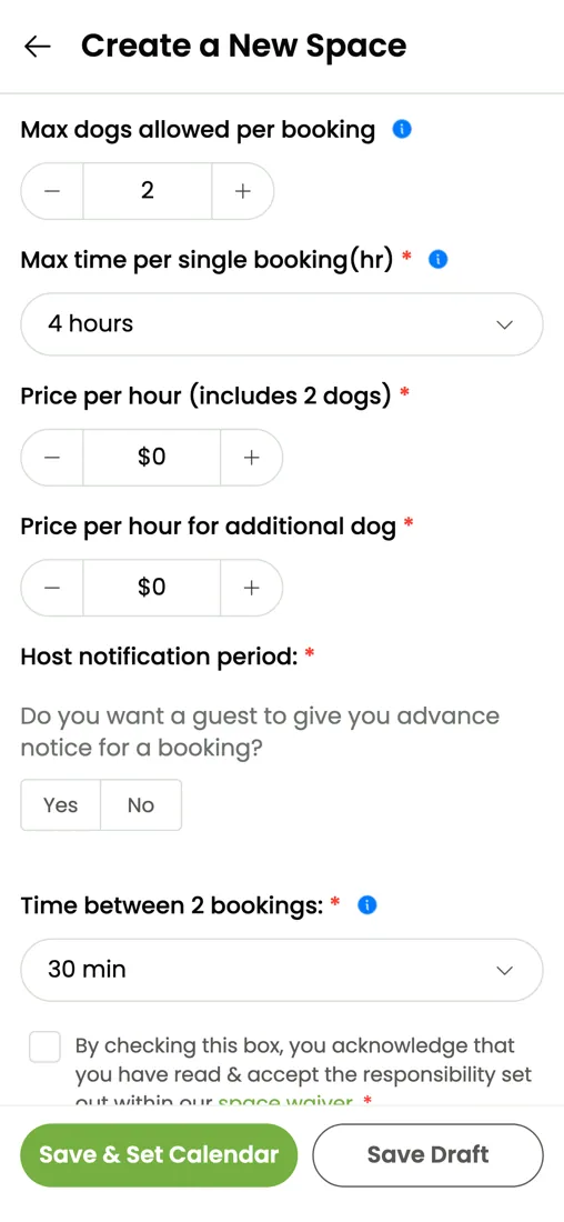 Mobile screenshot of host booking controls