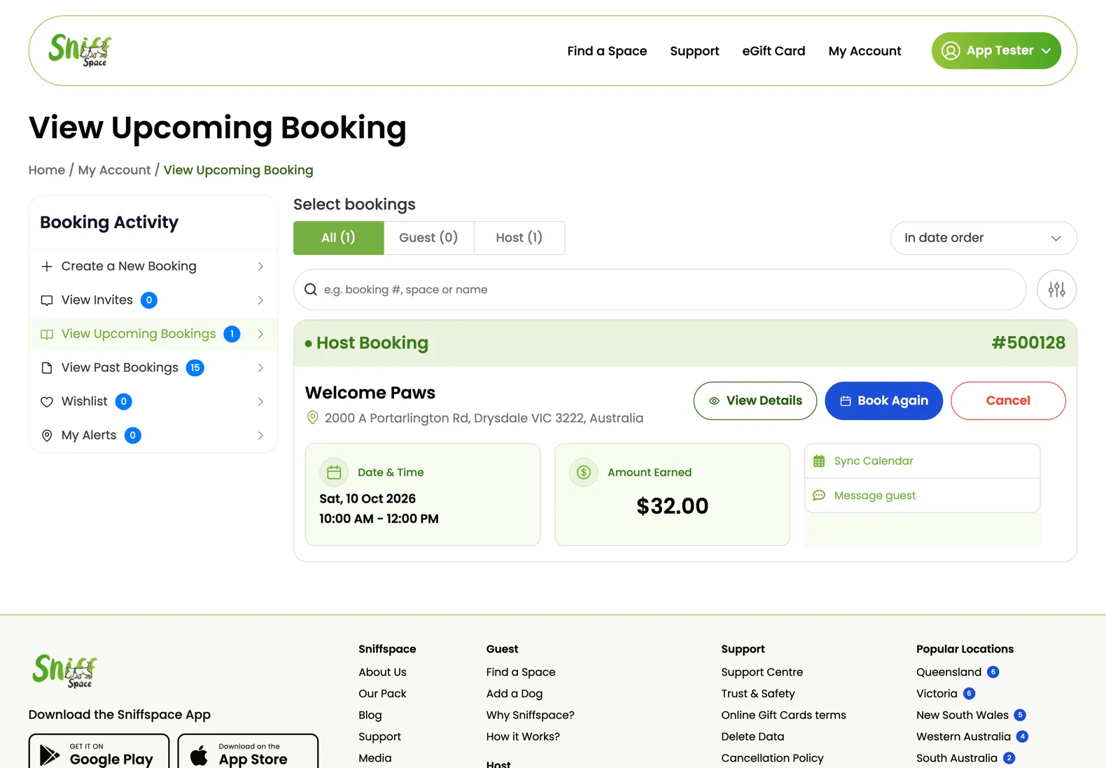 New Sniffspace booking page design on desktop
