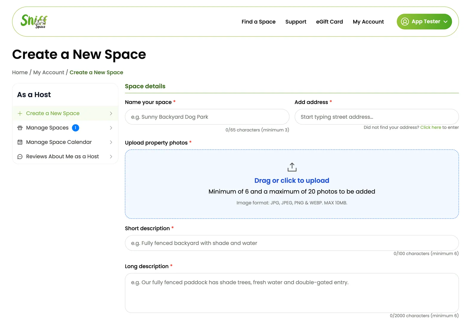 New Sniffspace host workspace design on desktop