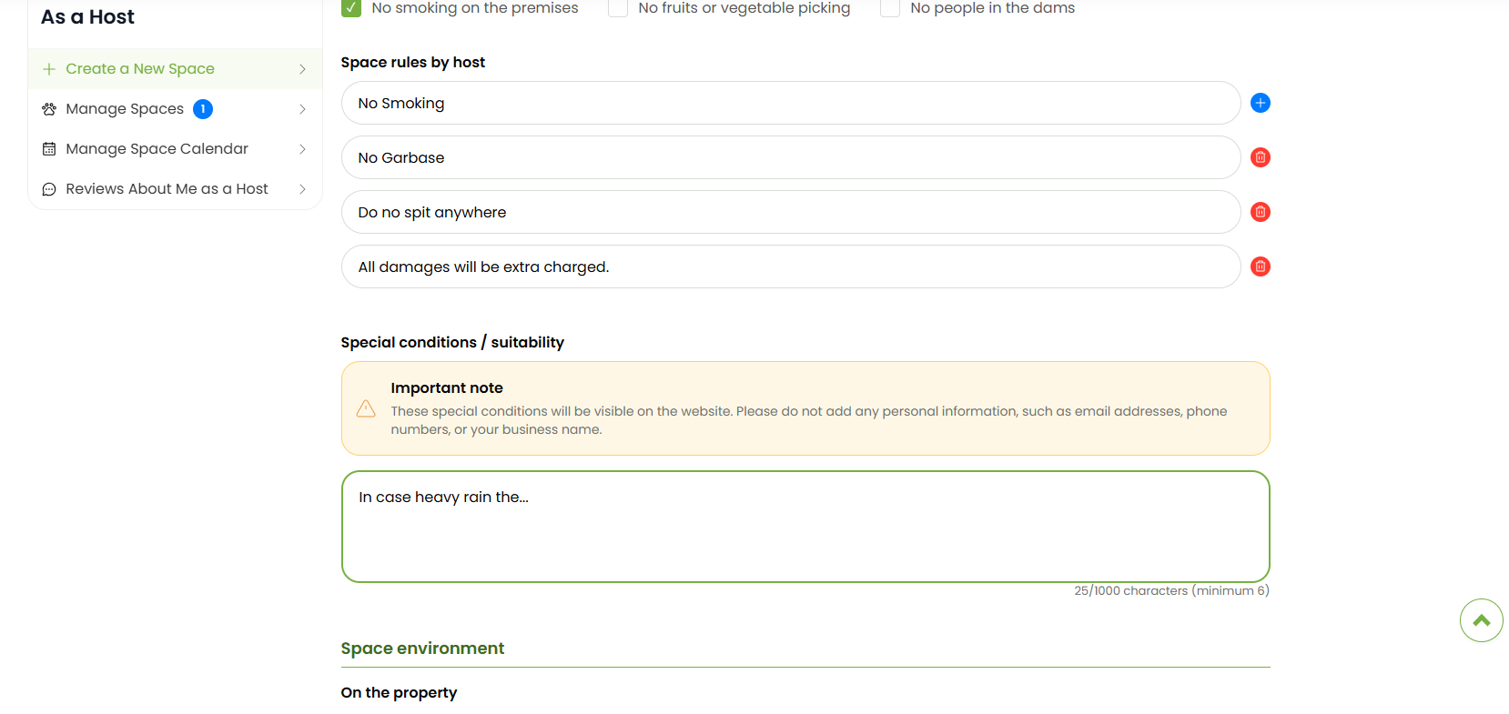 Screenshot of the Space rules by host section in the space setup form